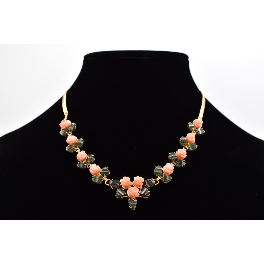 Vintage Carved Rose Leaf Collar Necklace Pink Floral Statement Gold Tone BinBE